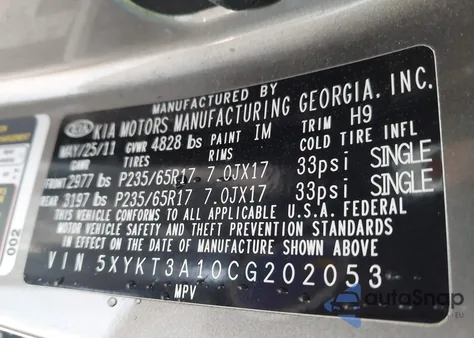 2012 Kia Sorento Lx z USA, uszkodzony, nr VIN 5XYKT3A10CG202053